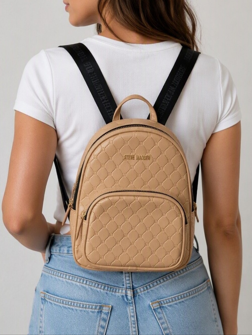 Steve Madden Beige Quilted Mini Backpack